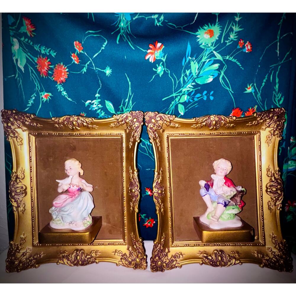 Set of (2) Vtg B&S Creations Rococo Porcelain 3D Figurines in Gold Ornate Frames